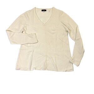 Forte Cashmere women’s L Large cream solid lightweight v-neck sweater EUC